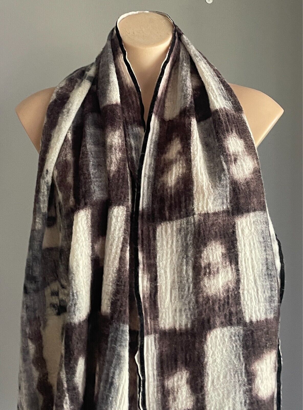 Wool Neck SCARF Brown Black Grey Off White Rectangle Fringe Velour Edge 66x200cm