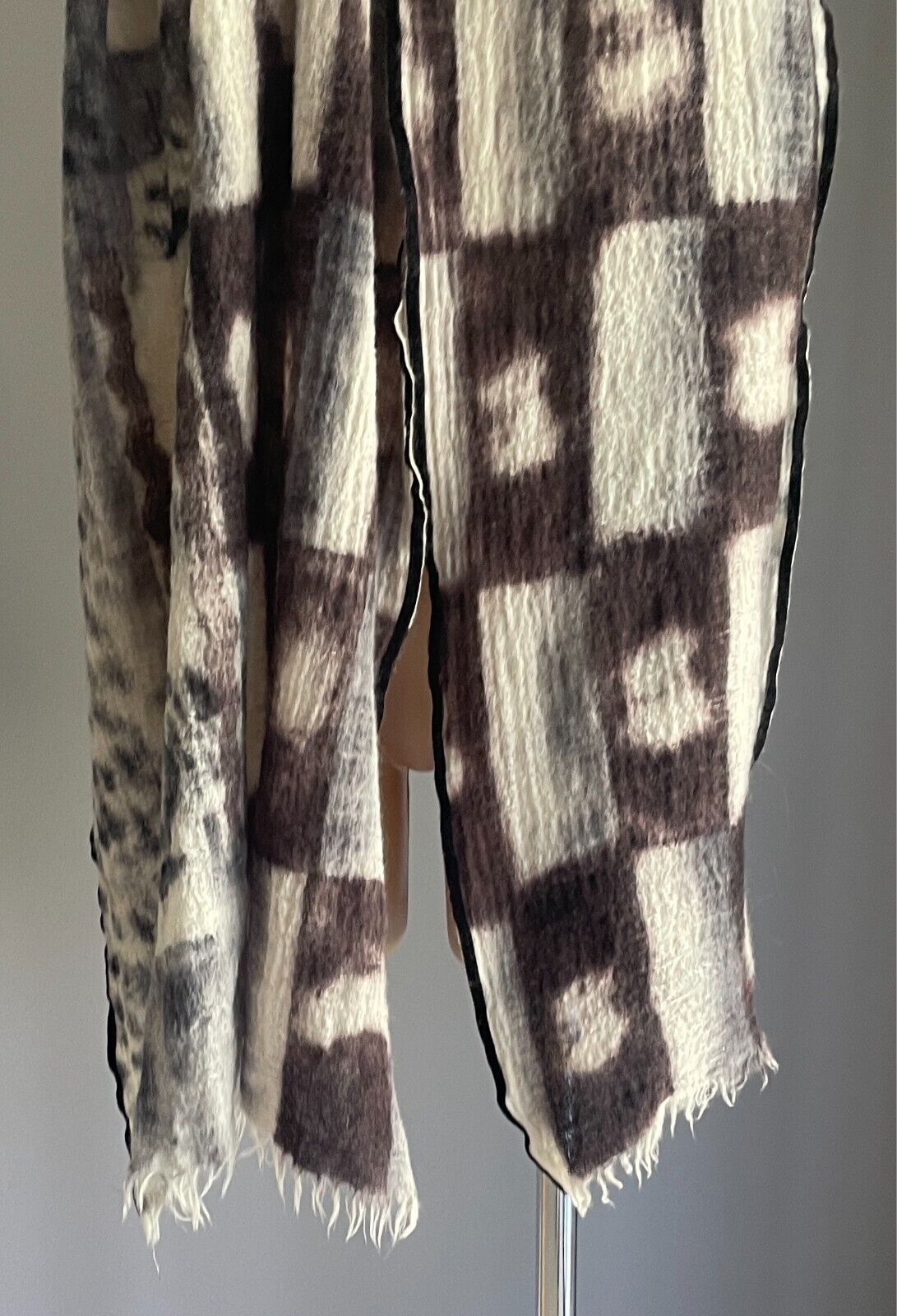 Wool Neck SCARF Brown Black Grey Off White Rectangle Fringe Velour Edge 66x200cm