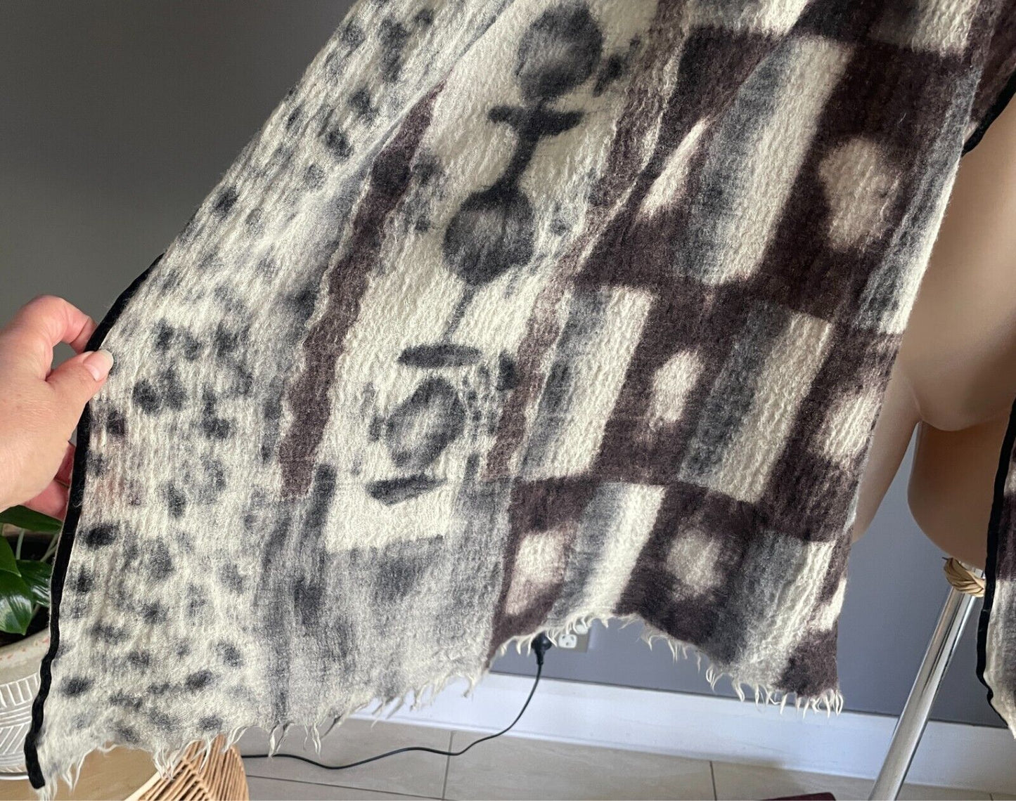 Wool Neck SCARF Brown Black Grey Off White Rectangle Fringe Velour Edge 66x200cm