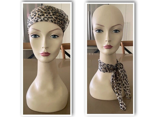 INTO AFRICA Animal Leopard Print Neckerchief Taupe Khaki Black Head Neck Scarf