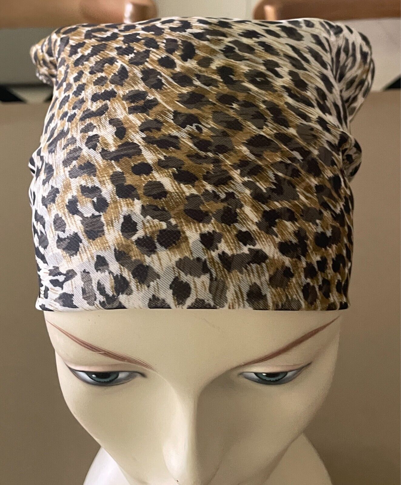 INTO AFRICA Animal Leopard Print Neckerchief Taupe Khaki Black Head Neck Scarf