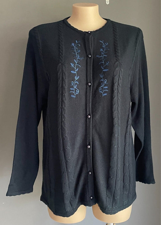 Navy Button Cardigan Acrylic Wool Knit Long Sleeve Decorative Stitch Size 22 Vtg