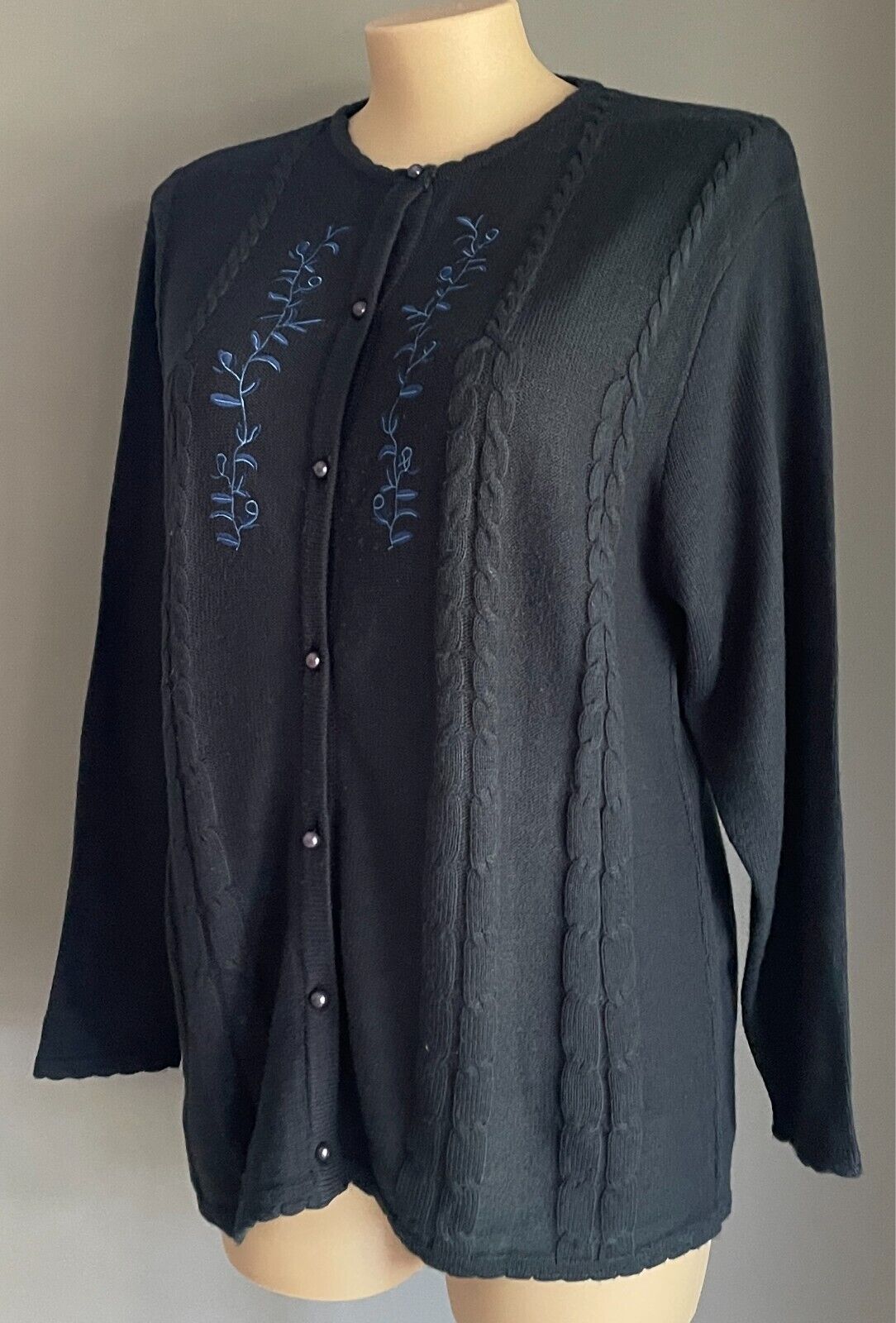 Navy Button Cardigan Acrylic Wool Knit Long Sleeve Decorative Stitch Size 22 Vtg