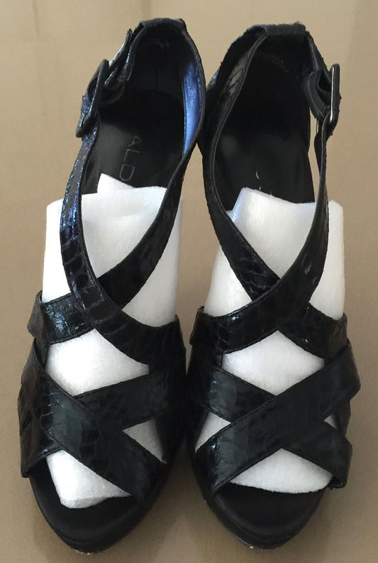ALDO  Sandals Black Strappy Open Toe Platform Stiletto Heels  Shoes Size 39