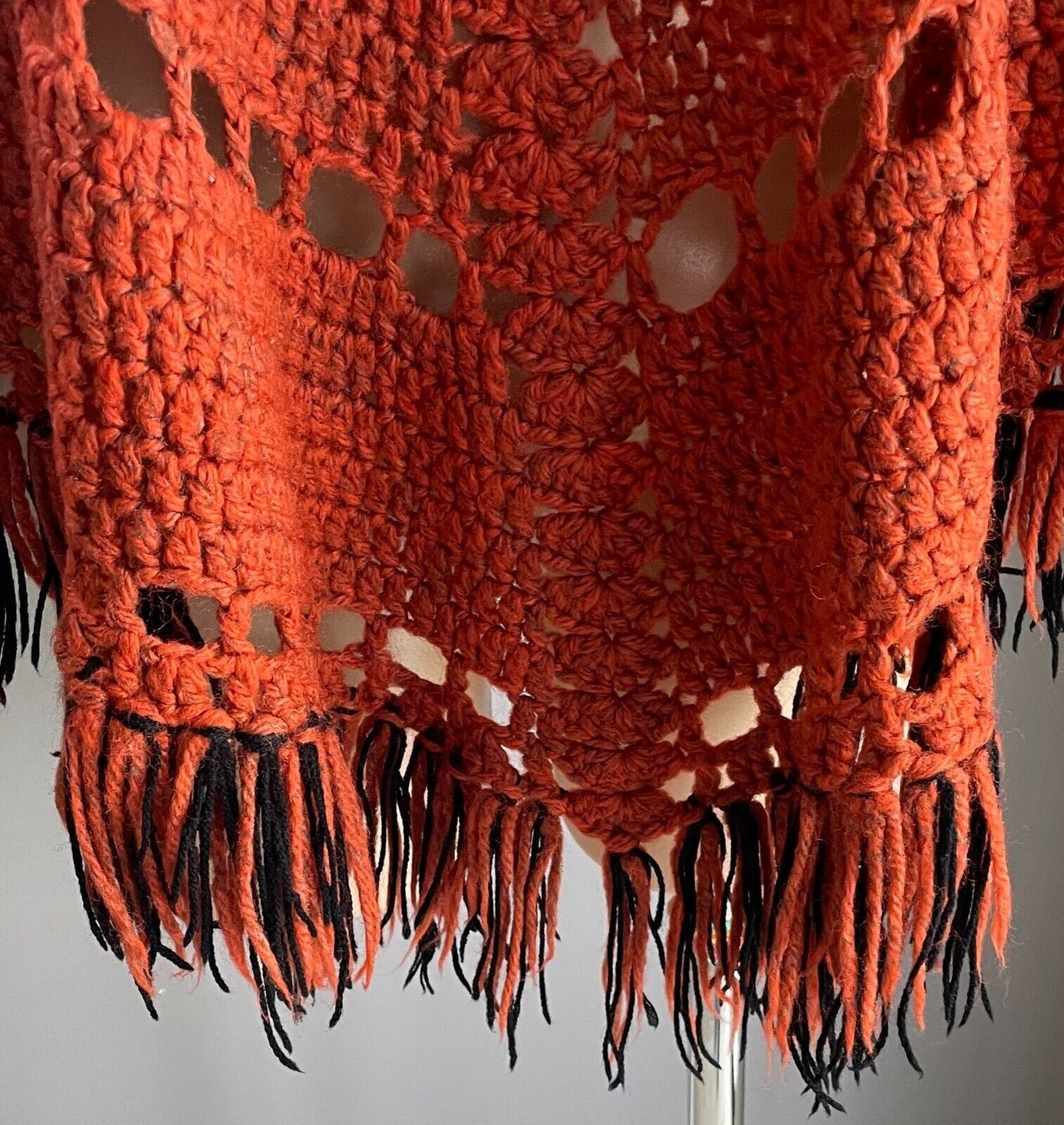PONCHO Rust Red Black CHUNKY KNIT Fringed Size 10 - 14 Handmade Crochet