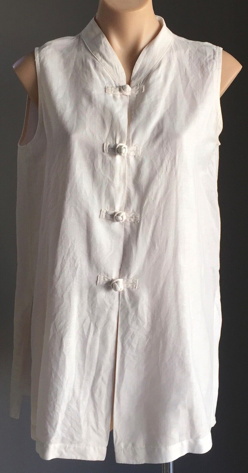 BENTLEY ARBUCKLE USA Top Oriental Frog Button Front White Linen Size 10 AU 14