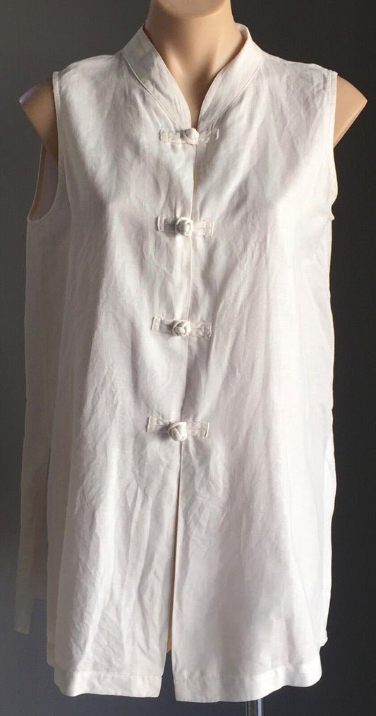 BENTLEY ARBUCKLE USA Top Oriental Frog Button Front White Linen Size 10 AU 14