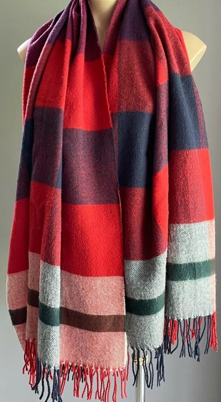 DOTTI Scarf Red Blue Check Plaid Rectangle Knit Wrap Fringed Acrylic 600173 NEW