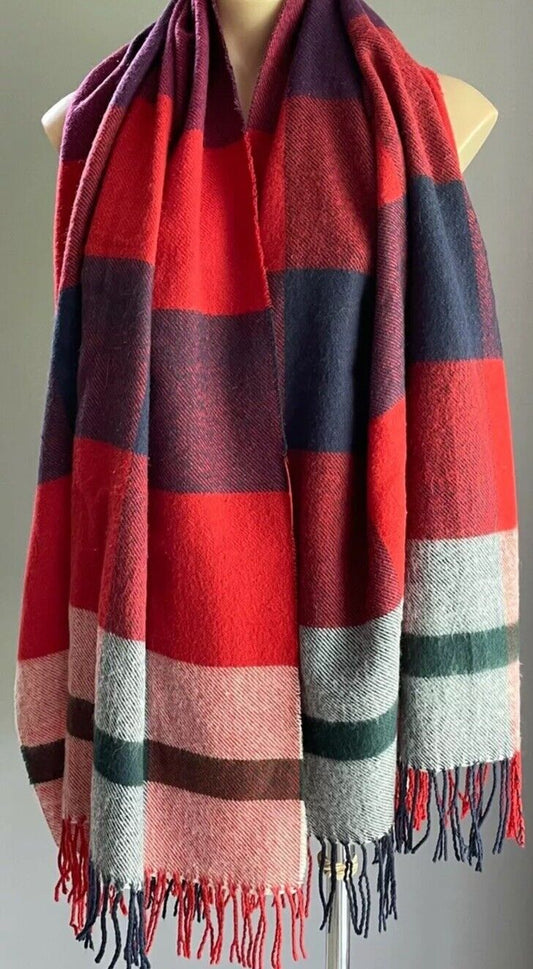 DOTTI Scarf Red Blue Check Plaid Rectangle Knit Wrap Fringed Acrylic 600173 NEW