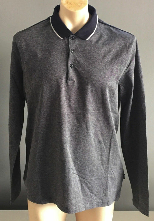 Mens Polo Shirt HUGO BOSS Navy & Grey Long Sleeve Reg Fit Size XL Button Up