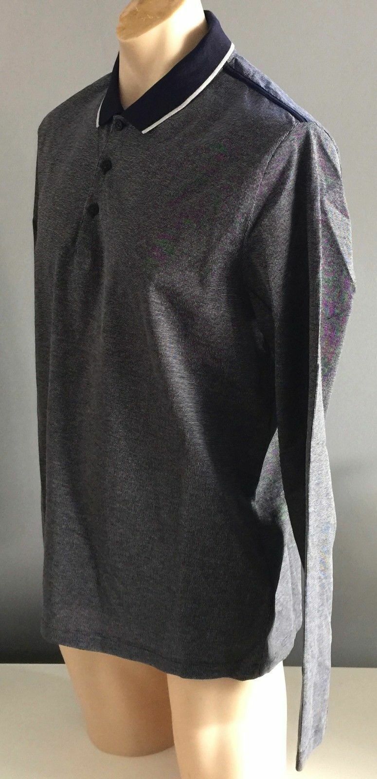 Mens Polo Shirt HUGO BOSS Navy & Grey Long Sleeve Reg Fit Size XL Button Up