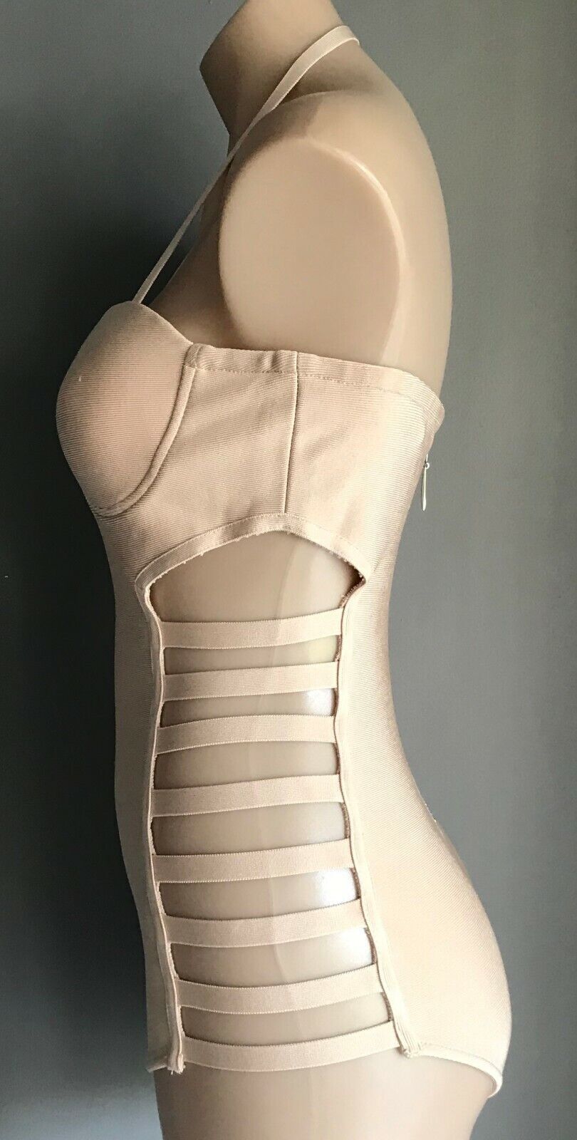 SwimSuit Bodysuit Side Ladder Cut Out ONE PIECE Blush Beige Underwire Size L 12