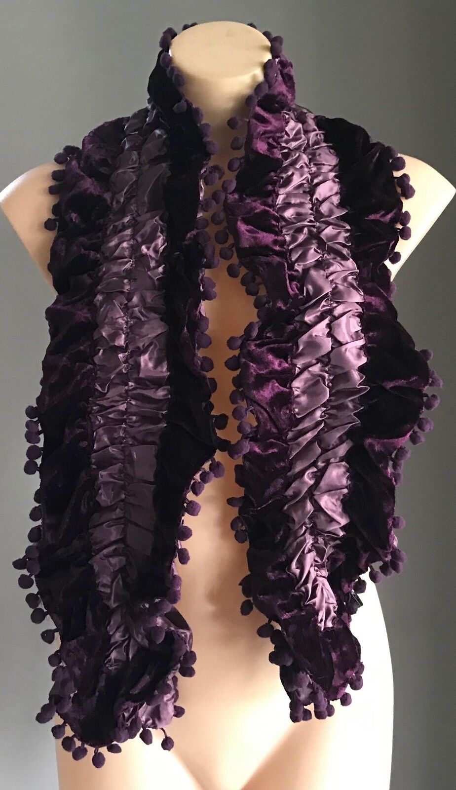 NECK SCARF Purple Velour & Ruched Elastic Satin Scarf w Pom Pom Trim NEW Wrap