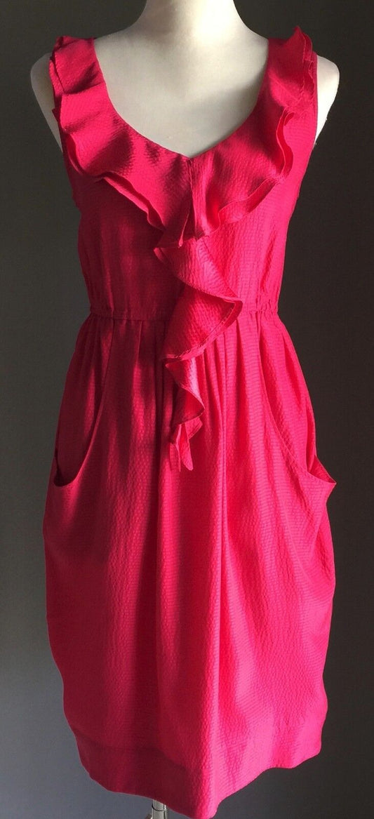 SUSSAN Silk Dress Ruffle Neck Knee Length Fuchsia Pink Ladies Size 12 NEW