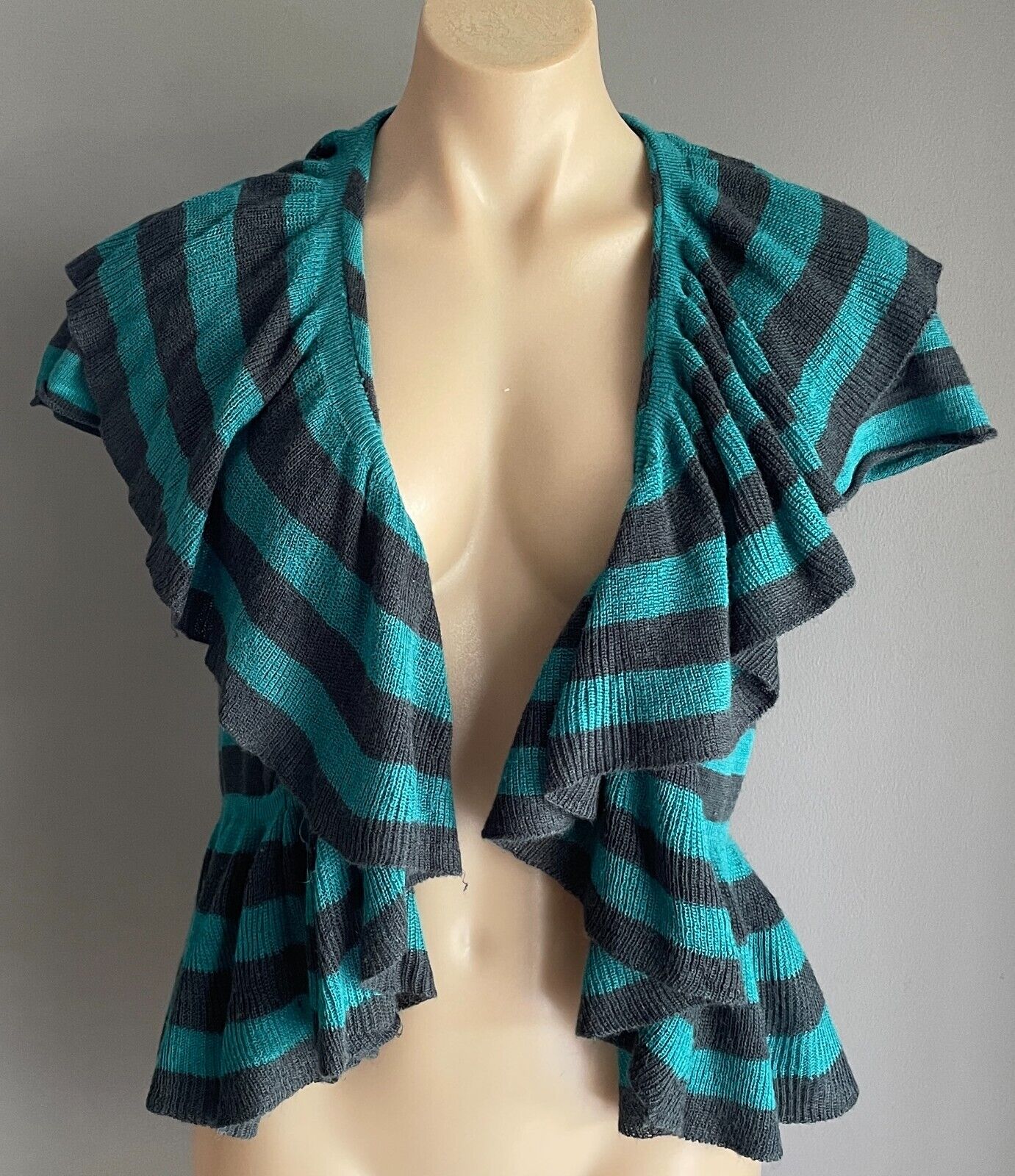 RED BERRY Cardi Bolero Ruffle Trim Knit Teal Black Stripe Cap Sleeves Size M 12