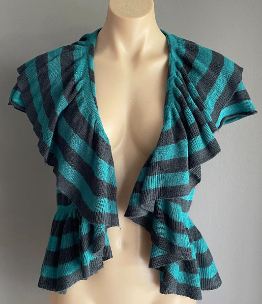RED BERRY Cardi Bolero Ruffle Trim Knit Teal Black Stripe Cap Sleeves Size M 12