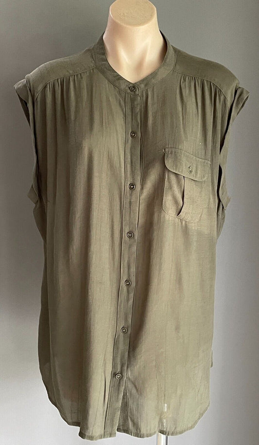 A.N.A New Approach Khaki Sleeveless Blouse Round Neck Buttons Top Size 1X 12 14