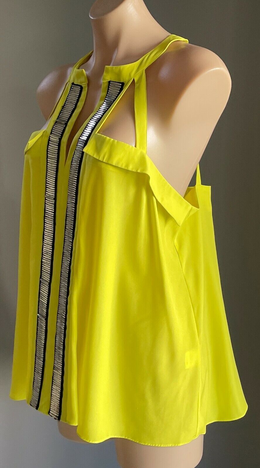 WAYNE COOPER Top Sleeveless Neon Yellow Cut Out Blouse Silver Beaded Size 16