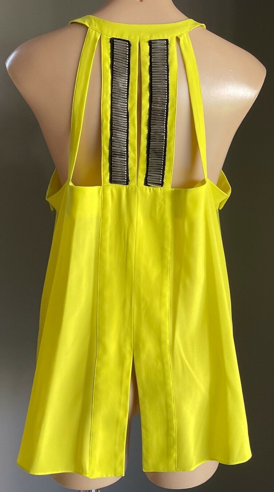 WAYNE COOPER Top Sleeveless Neon Yellow Cut Out Blouse Silver Beaded Size 16