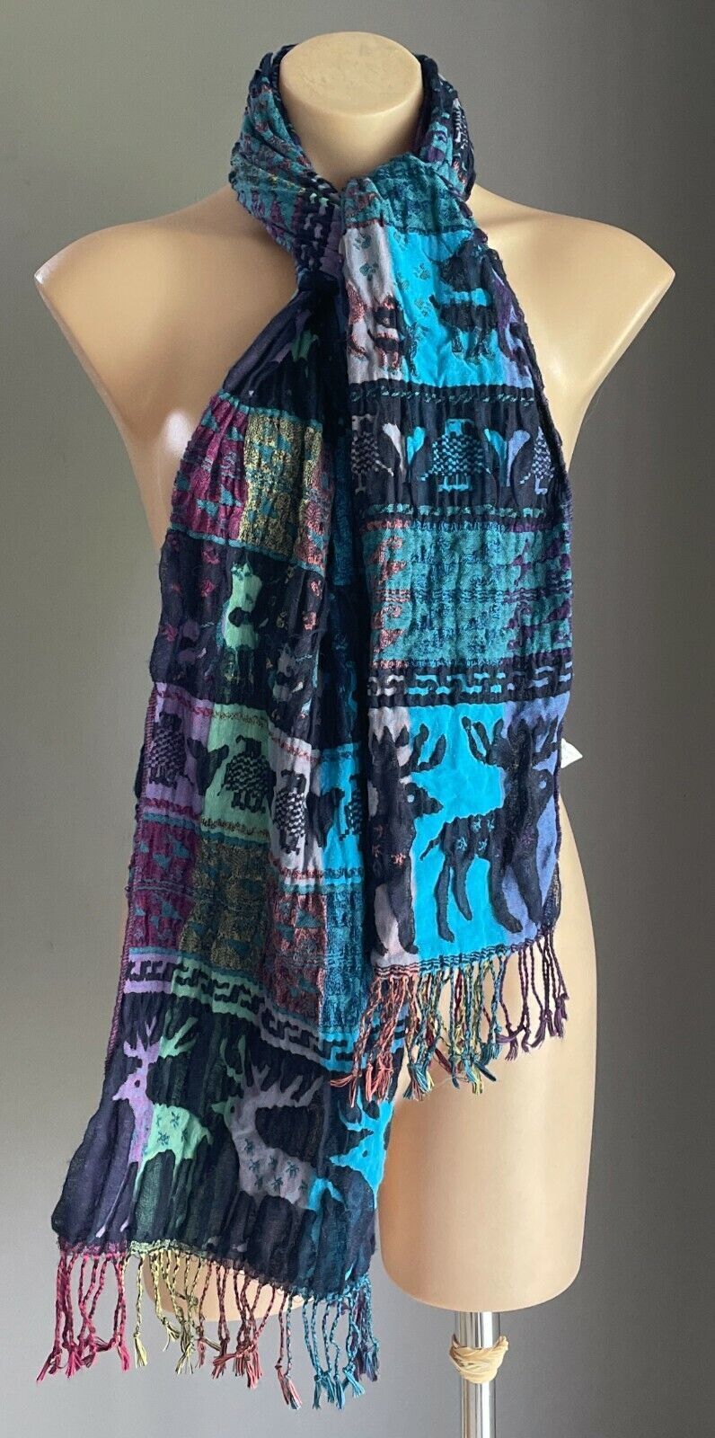 SCARF Crinkle Pleat Fringe Rectangle Purple Teal Blue Pink Black REINDEER Print