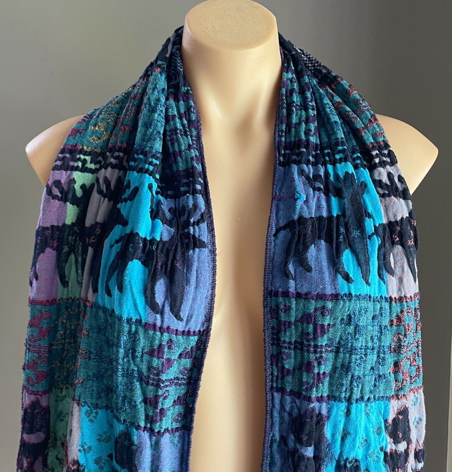 SCARF Crinkle Pleat Fringe Rectangle Purple Teal Blue Pink Black REINDEER Print