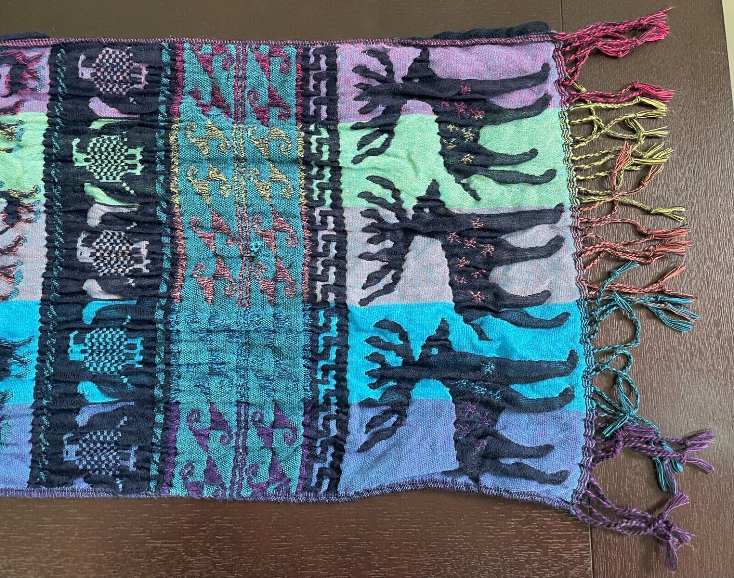 SCARF Crinkle Pleat Fringe Rectangle Purple Teal Blue Pink Black REINDEER Print