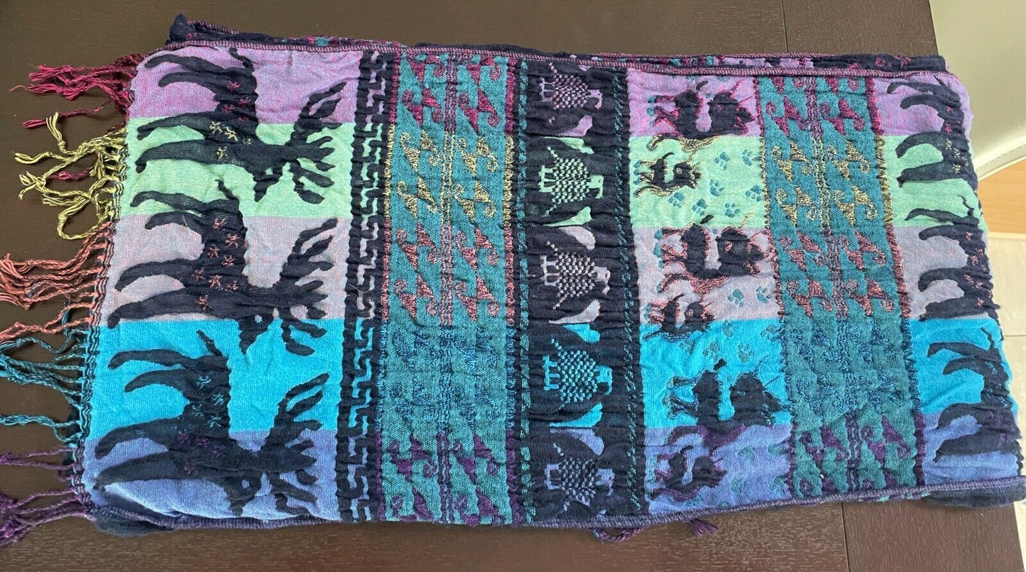 SCARF Crinkle Pleat Fringe Rectangle Purple Teal Blue Pink Black REINDEER Print