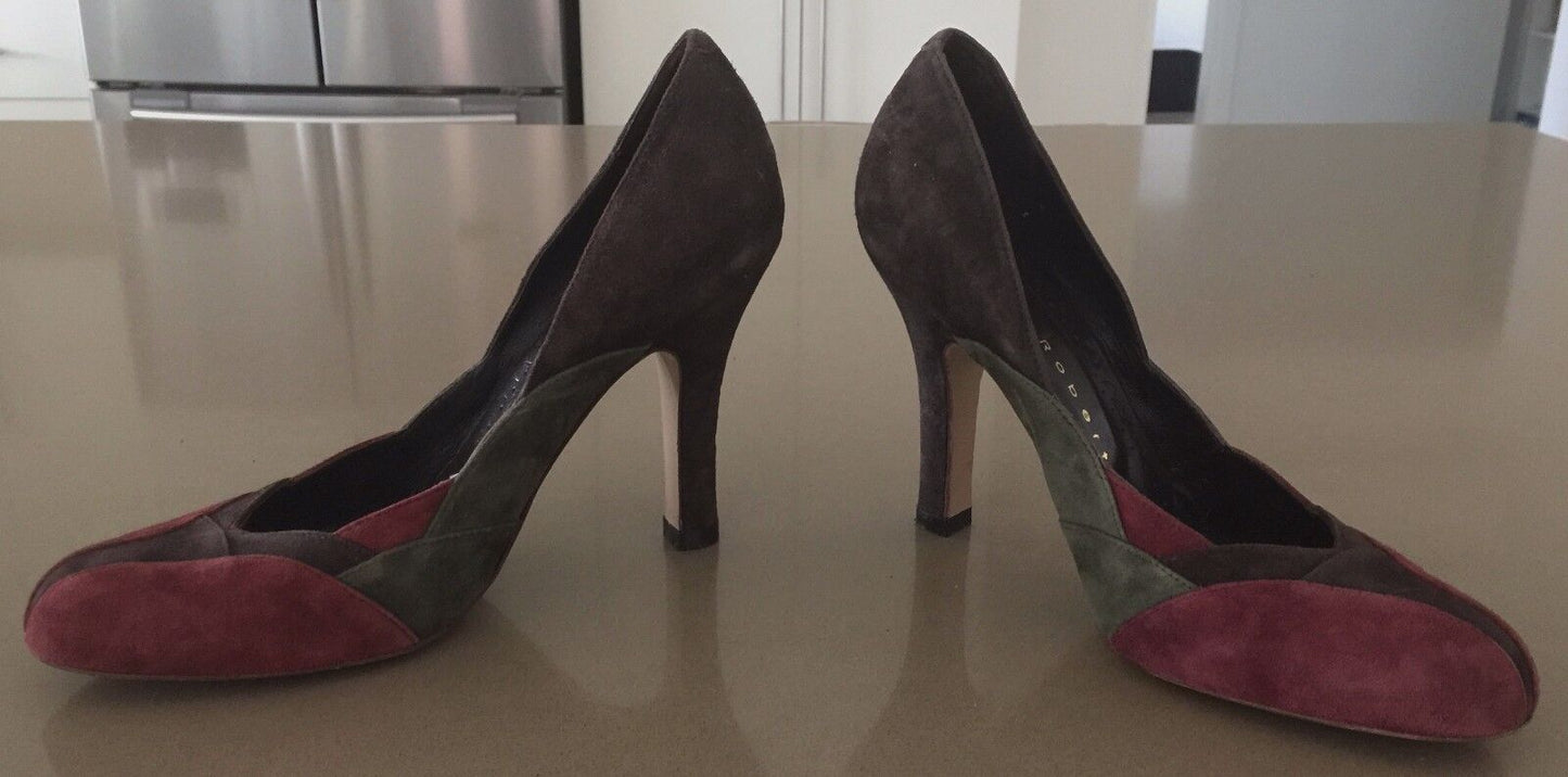 ROBER*T ROBER*T Pumps Plum Brown Green Suede Leather Shoes Size 37.5 Retro