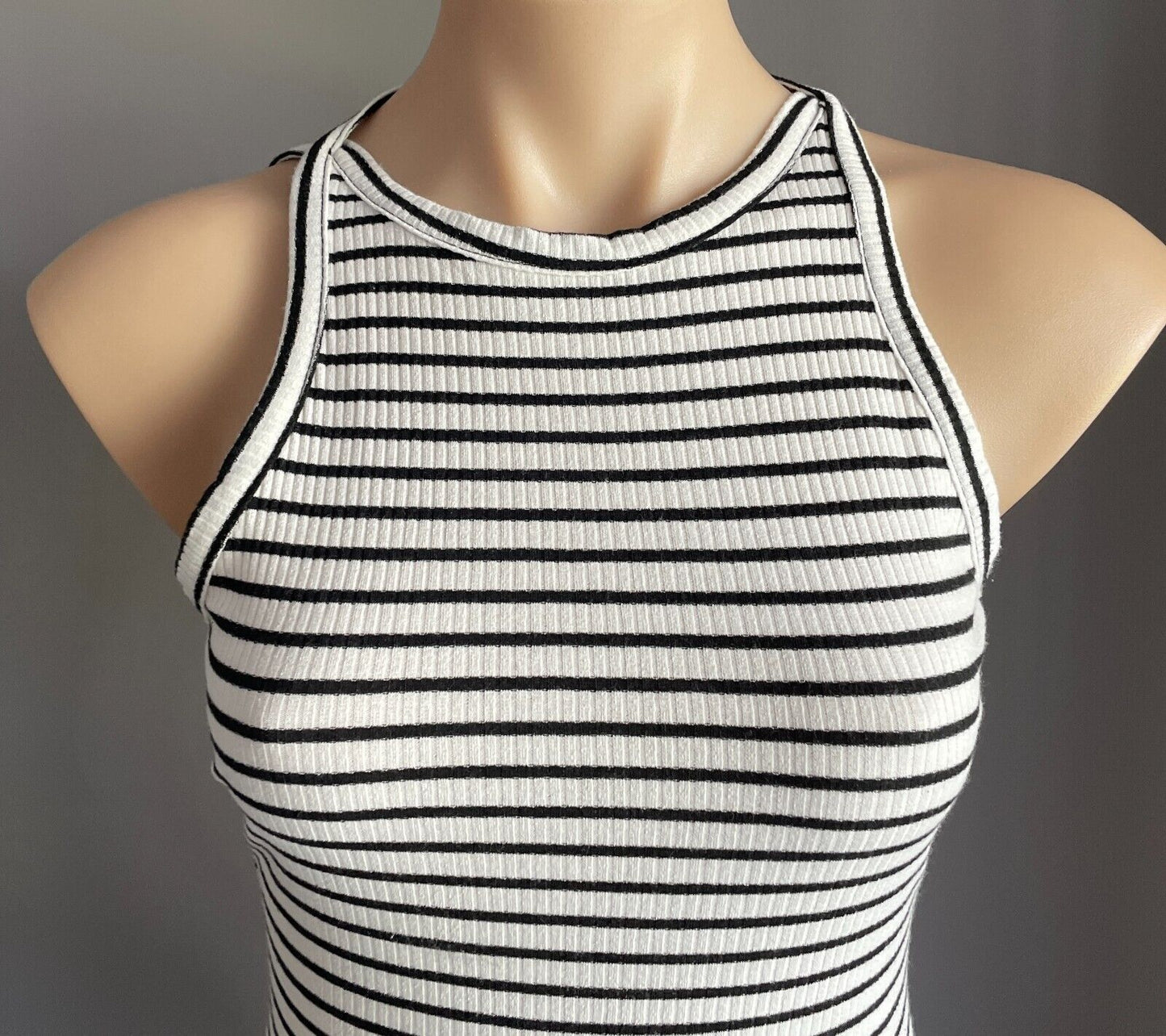 ACEMI Bodysuit White & Black Stripe Sleeveless Scoop Back Stretch Rib Size M 10