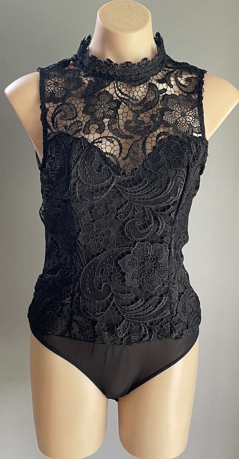 LUCY IN THE SKY Bodysuit Black Cut Out Lace Sleeveless Size L 10 High Neck NEW