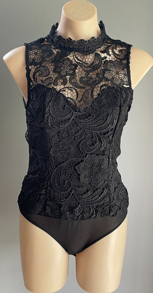 LUCY IN THE SKY Bodysuit Black Cut Out Lace Sleeveless Size L 10 High Neck NEW