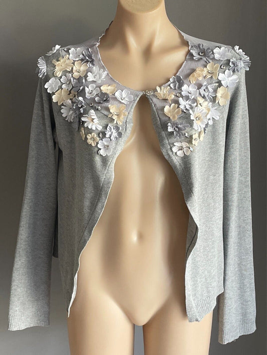 Grey Fine Knit Sheer Fabric Cardigan Long Sleeve 3D Flowers w Crystal Size 14