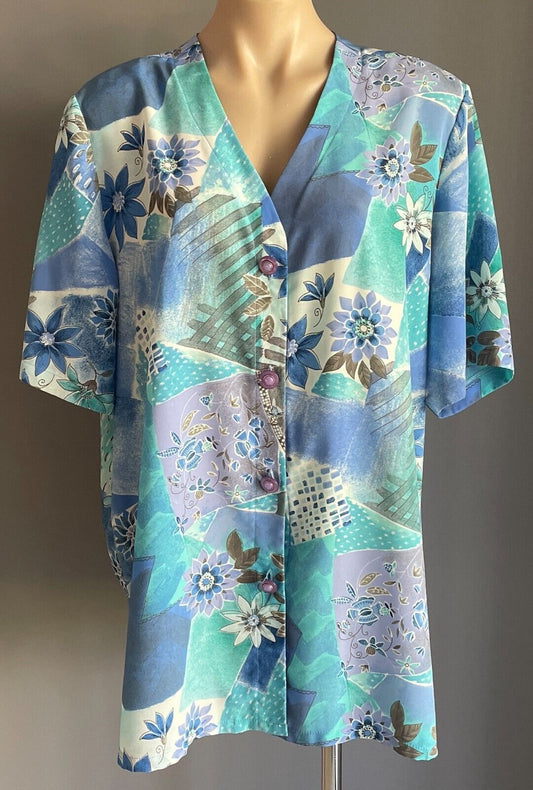 FORBAT Shirt Blue Green Mauve White Print Short Sleeve Button Front Size 18