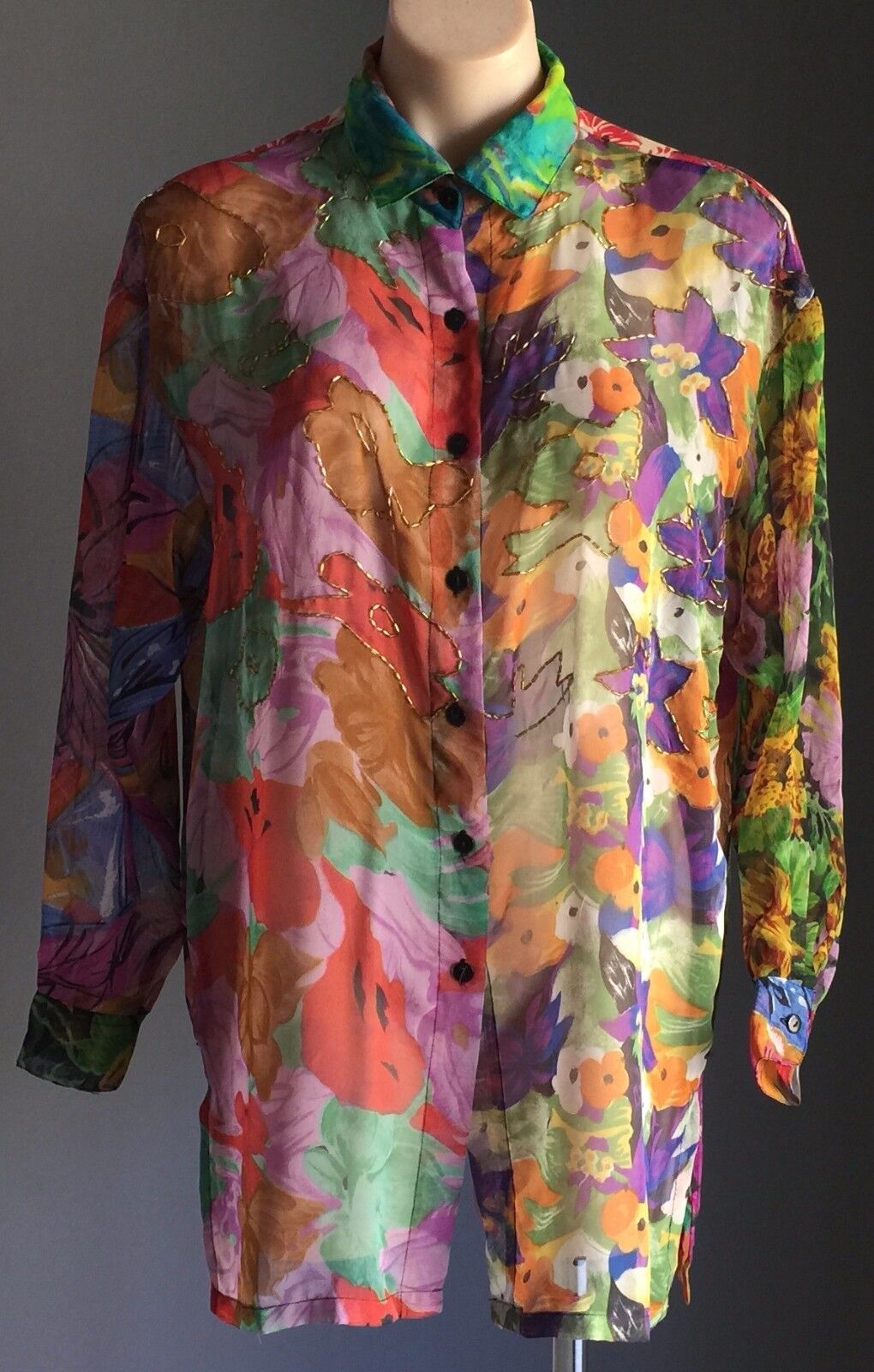 SEBATU Shirt Button Front Colourful Floral Sheer Long Sleeve Boho One Size 12 16