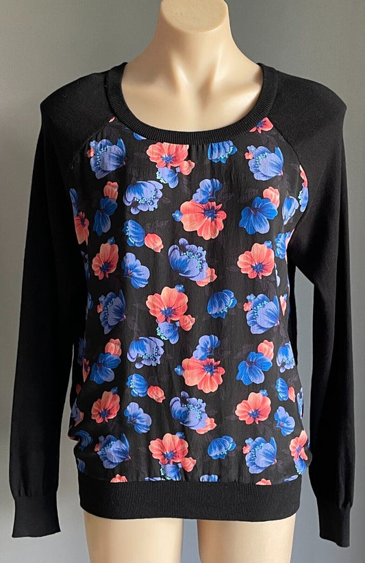 JEANSWEST Knit Sweater Black Long Sleeve Floral Print Fabric At Front Size M 10