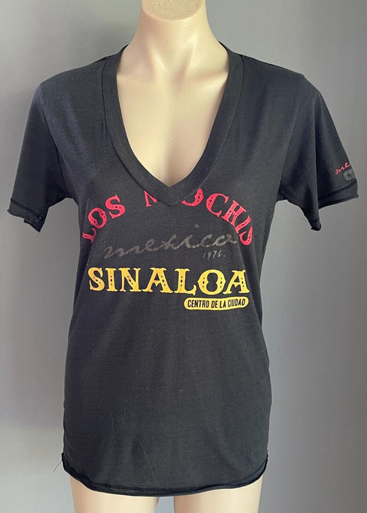 ALL ABOUT EVE T-Shirt Charcoal V-Neck Size S 10 Top Mexico Print Front Back Tee