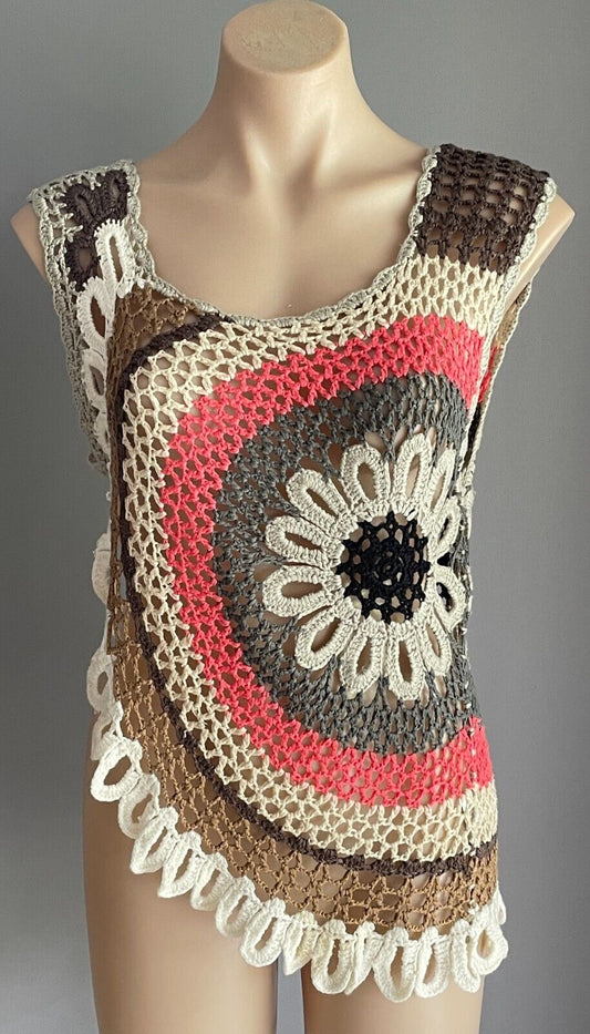 ICE Crochet Top Knitwear Open Knit Sleeveless Multicoloured Asymmetric M 10 Vtg