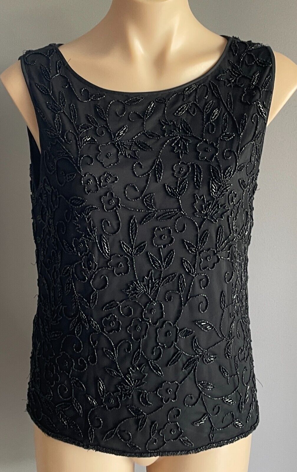 TOP Black Fully Beaded Sleeveless Size 12 Lined Round Neck Formal Party Luxe 60s