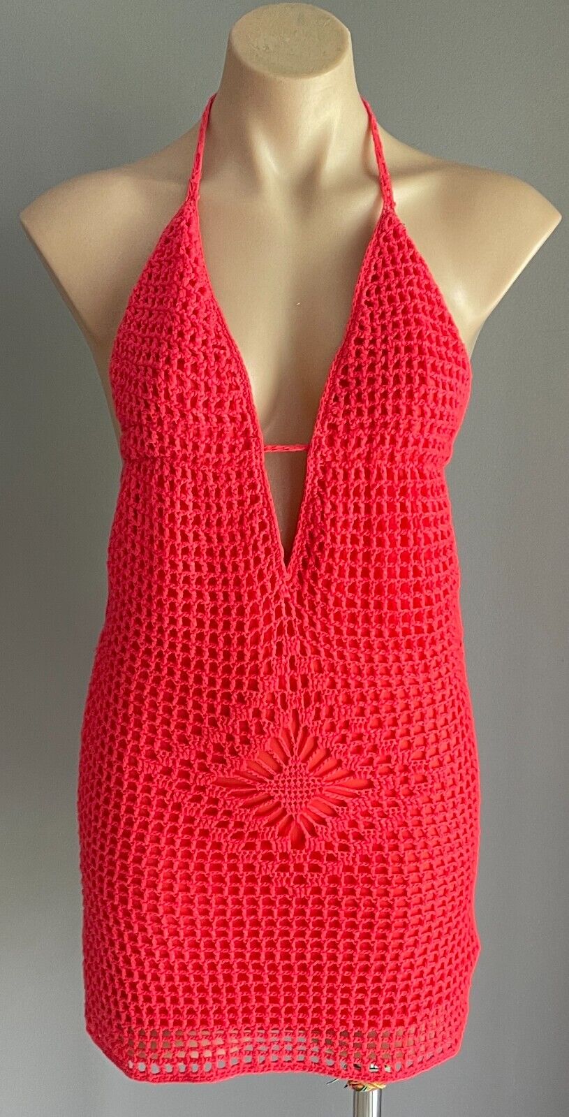 REVERSE Crochet Mini Dress Size S 10 12 Coral Red Halter Neck Lined Festival Fab