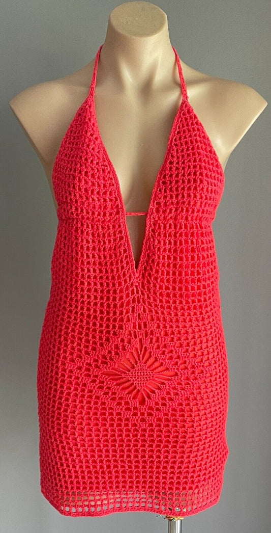 REVERSE Crochet Mini Dress Size S 10 12 Coral Red Halter Neck Lined Festival Fab