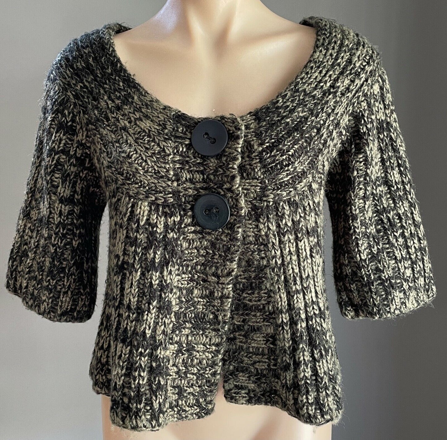Very CHUNKY KNIT Cardigan Buttons Khaki & Black 3/4 Sleeve A-Line Crop Size 12