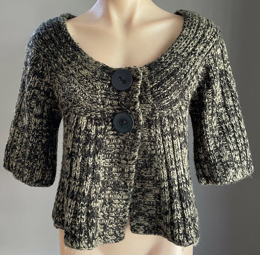 Very CHUNKY KNIT Cardigan Buttons Khaki & Black 3/4 Sleeve A-Line Crop Size 12