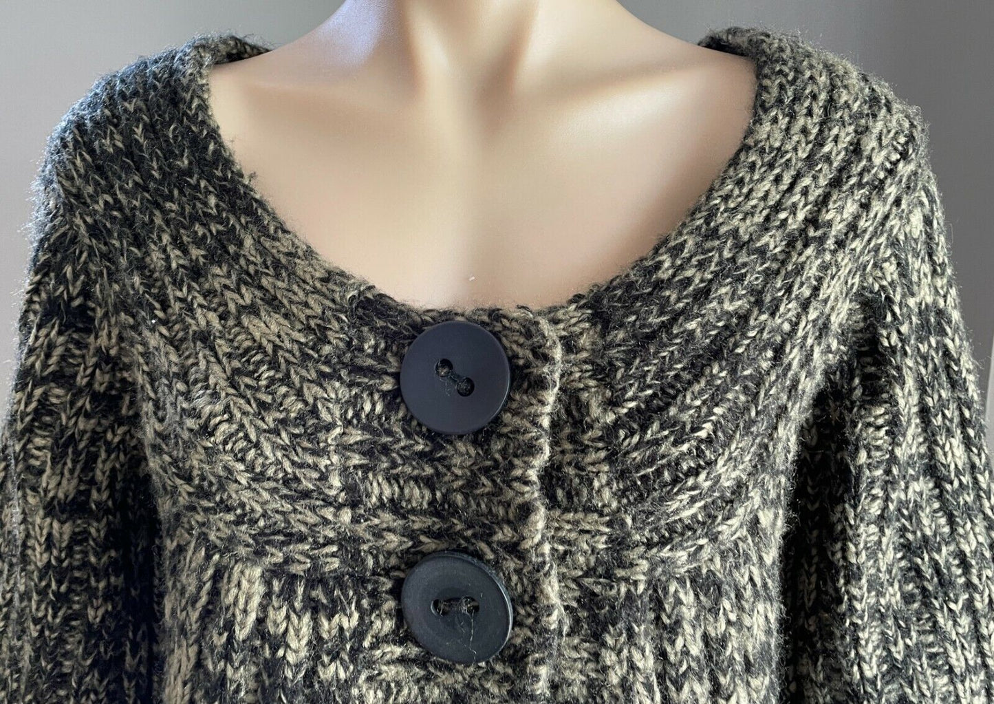Very CHUNKY KNIT Cardigan Buttons Khaki & Black 3/4 Sleeve A-Line Crop Size 12