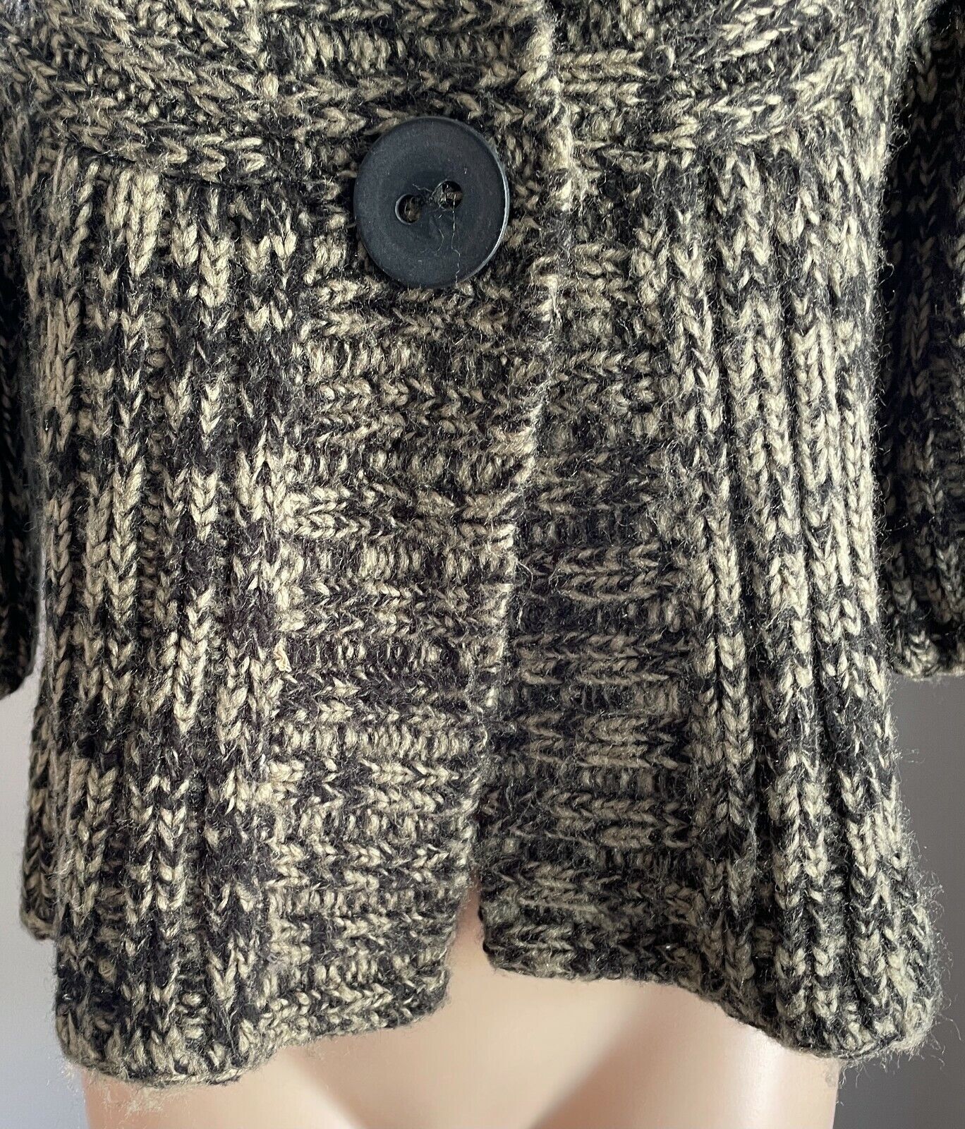 Very CHUNKY KNIT Cardigan Buttons Khaki & Black 3/4 Sleeve A-Line Crop Size 12