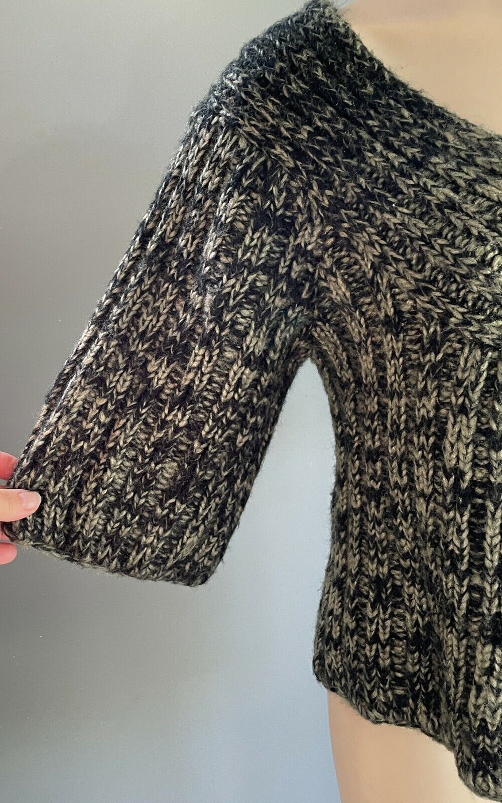 Very CHUNKY KNIT Cardigan Buttons Khaki & Black 3/4 Sleeve A-Line Crop Size 12