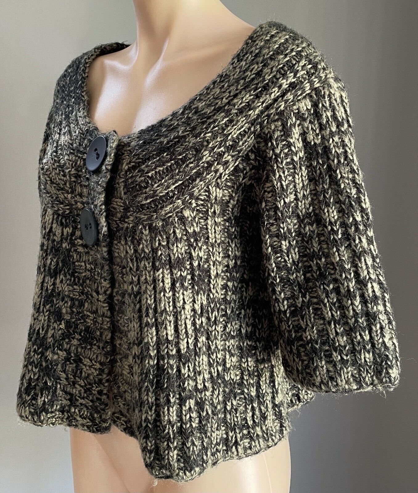 Very CHUNKY KNIT Cardigan Buttons Khaki & Black 3/4 Sleeve A-Line Crop Size 12