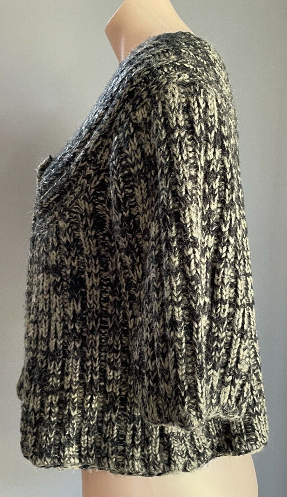 Very CHUNKY KNIT Cardigan Buttons Khaki & Black 3/4 Sleeve A-Line Crop Size 12