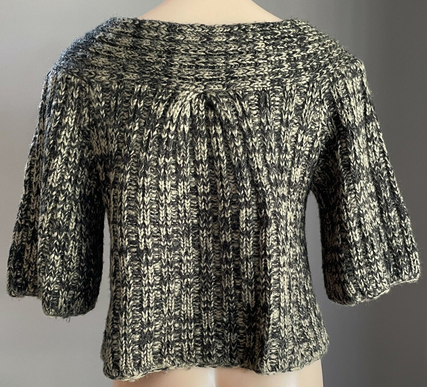 Very CHUNKY KNIT Cardigan Buttons Khaki & Black 3/4 Sleeve A-Line Crop Size 12