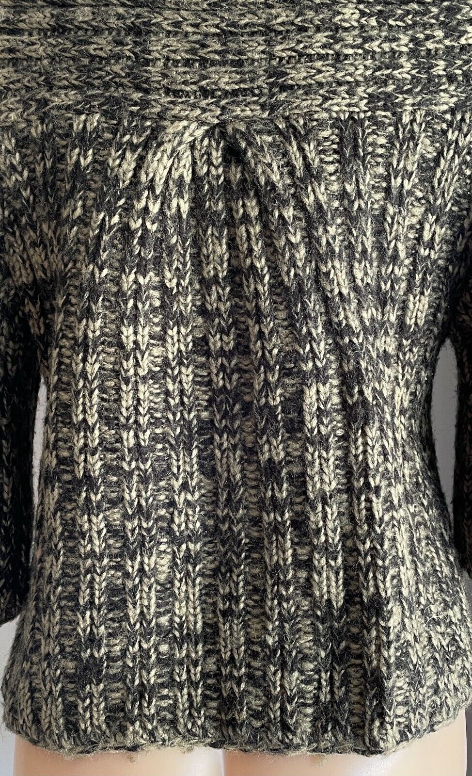 Very CHUNKY KNIT Cardigan Buttons Khaki & Black 3/4 Sleeve A-Line Crop Size 12