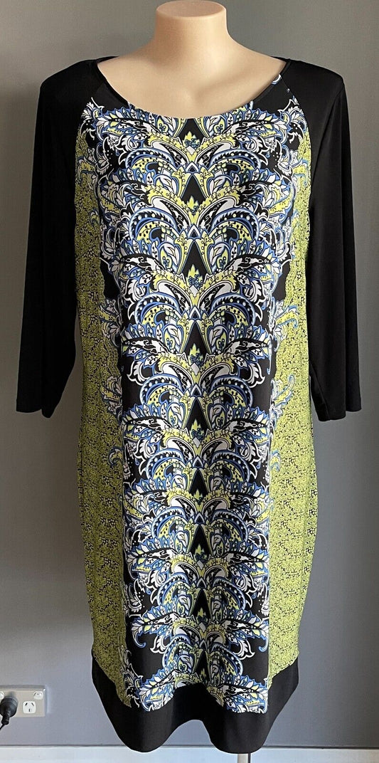 BASQUE WOMAN Stretch Sheath Dress Black White Yellow Blue Print Plus Size 22
